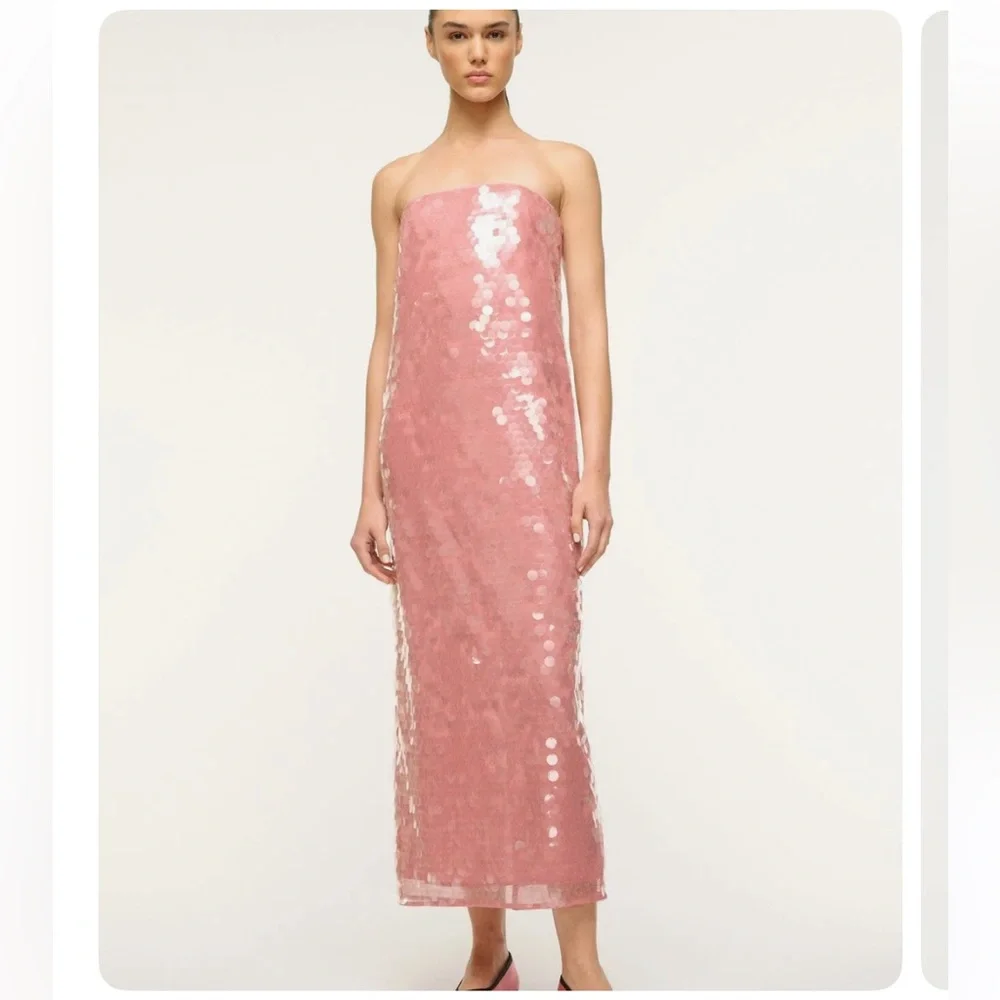 STAUD Casey Dress Pink Sequin Midi - Picture 1 of 5